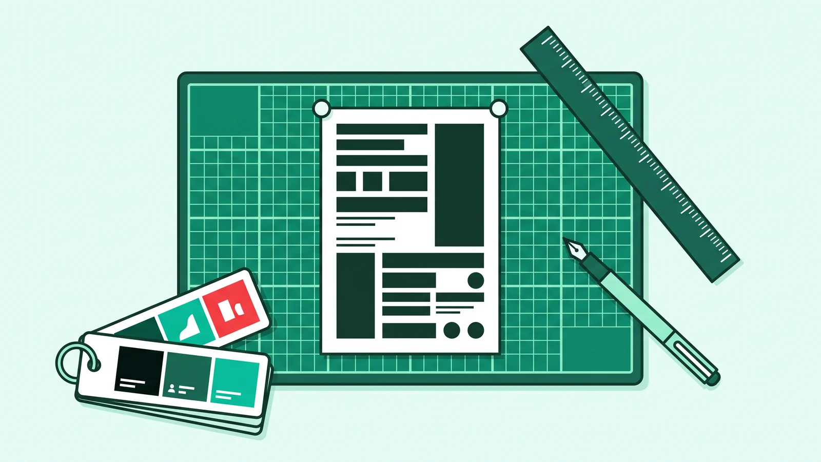 Designer workspace featuring a Swiss Style typographic grid poster and precision rulers