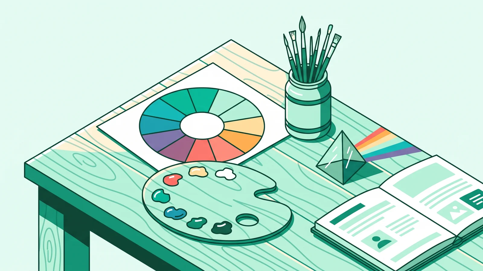 Illustration of a wooden artist palette with a color wheel, paintbrushes, and a glass prism on a desk.