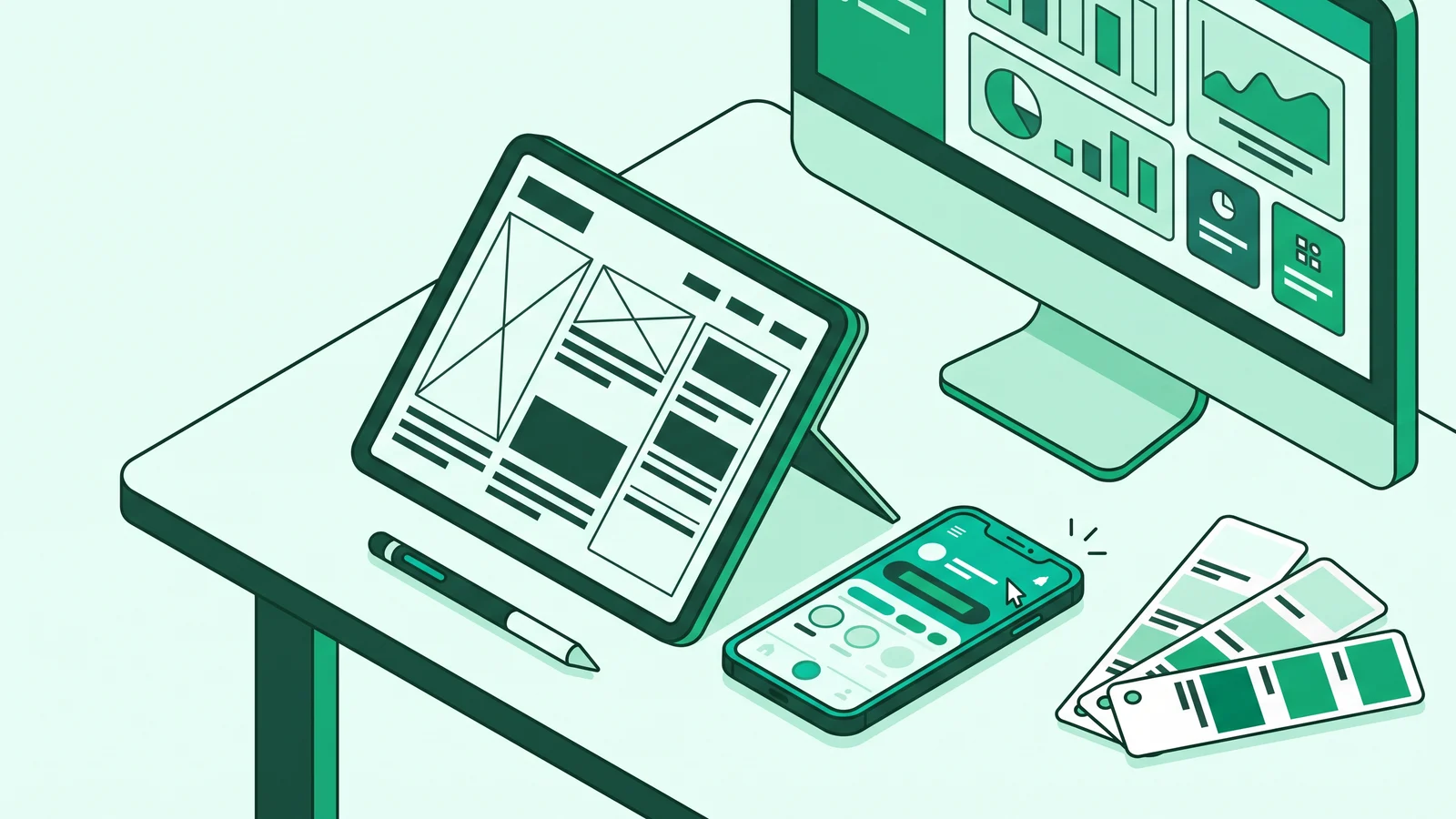 Illustration of a designer workspace showing app wireframes, color swatches, and a mobile prototype.