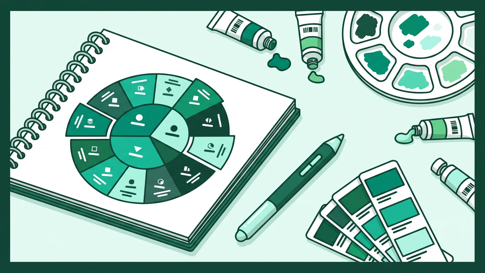 Illustration of a color wheel chart with color swatches and art tools on a designer desk