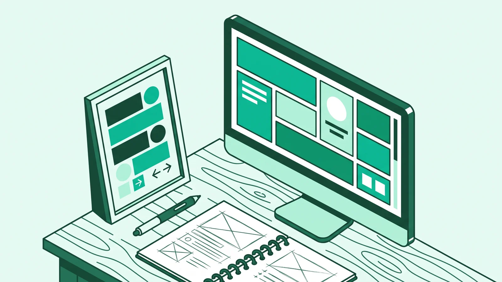 Illustration of a designer workspace with computer screen showing bento grid layout and Swiss typography poster