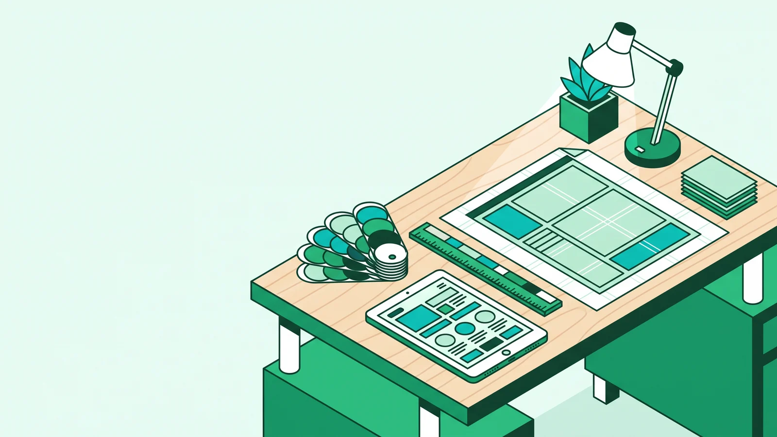 Designer desk with a layout grid sketch, color swatch book, and modular drafting ruler