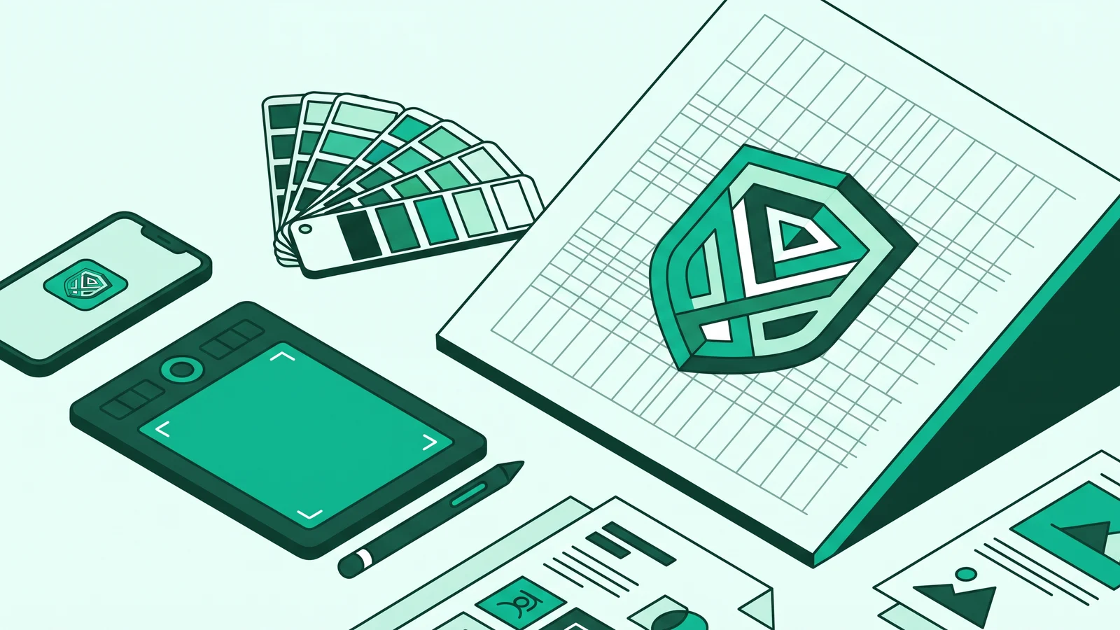 Illustration of a geometric logo construction on a vector grid layout on a designer desk