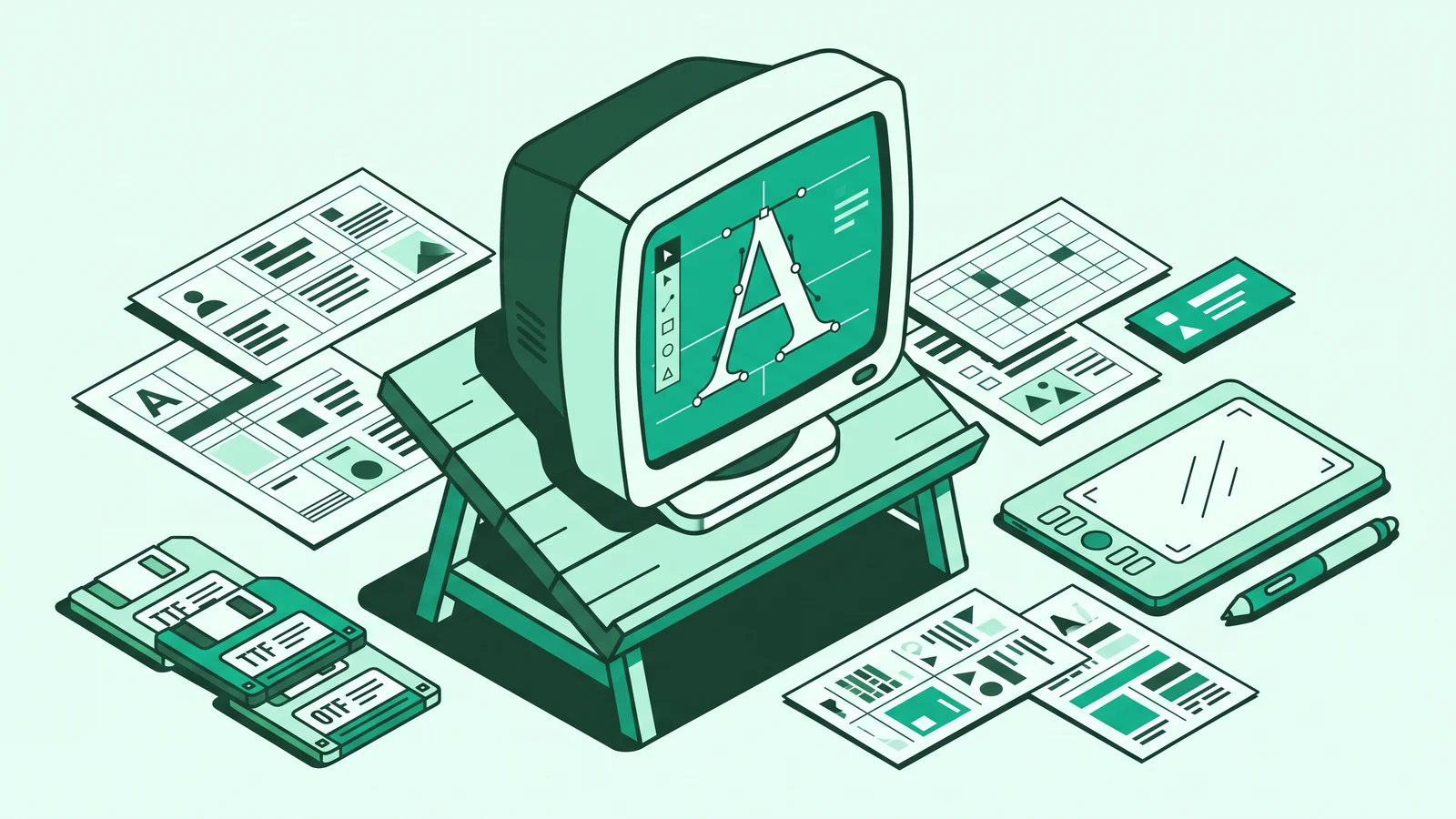 Editorial illustration of a computer monitor displaying vector letterforms with bezier curve handles and font files.