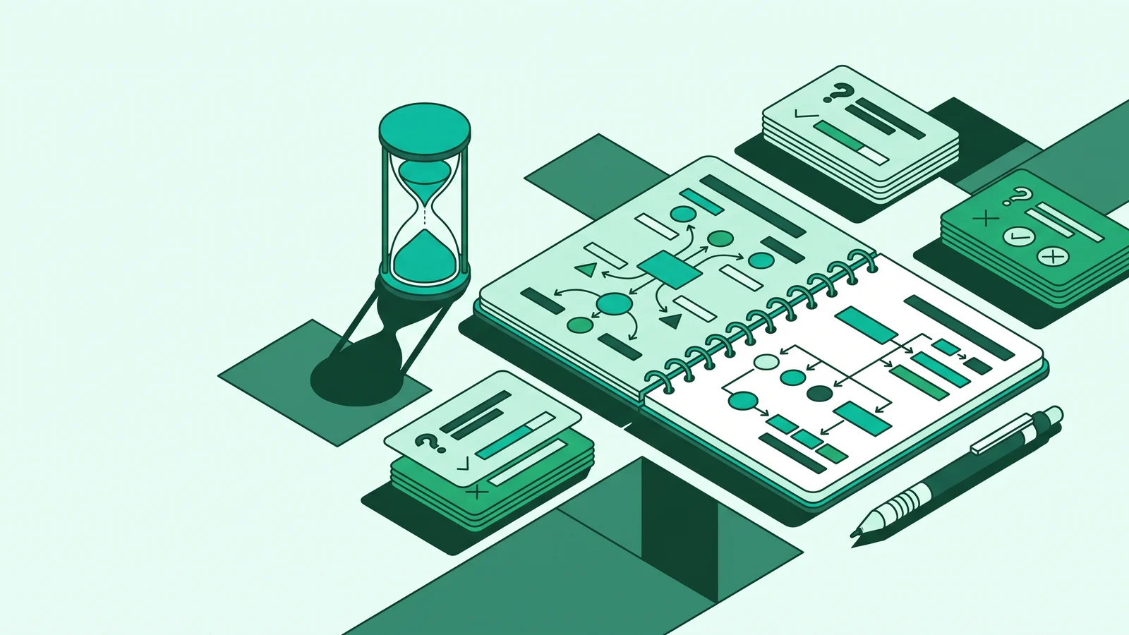 Illustration of an organized study desk with annotated notebook, flashcards, and an hourglass.