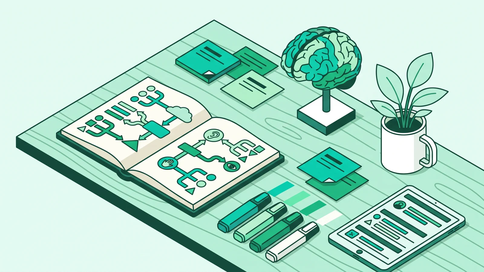 Illustration of an educator desk with visual lesson plans, human brain diagram, and colorful notes