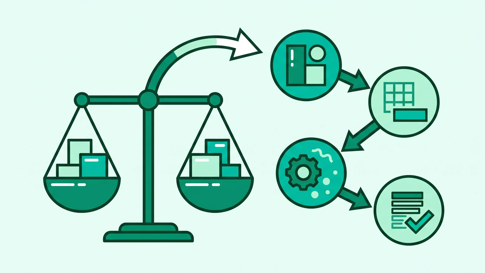 Conceptual flow diagram showing a balanced scale and four analytical stage icons.