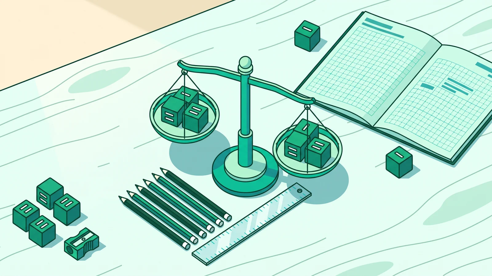 Illustration of a math notebook with an algebraic equation and a mechanical balance scale.