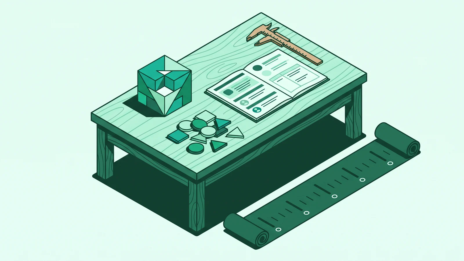 Illustration of a classroom table with hands-on learning models, interactive sorting cards, and tools