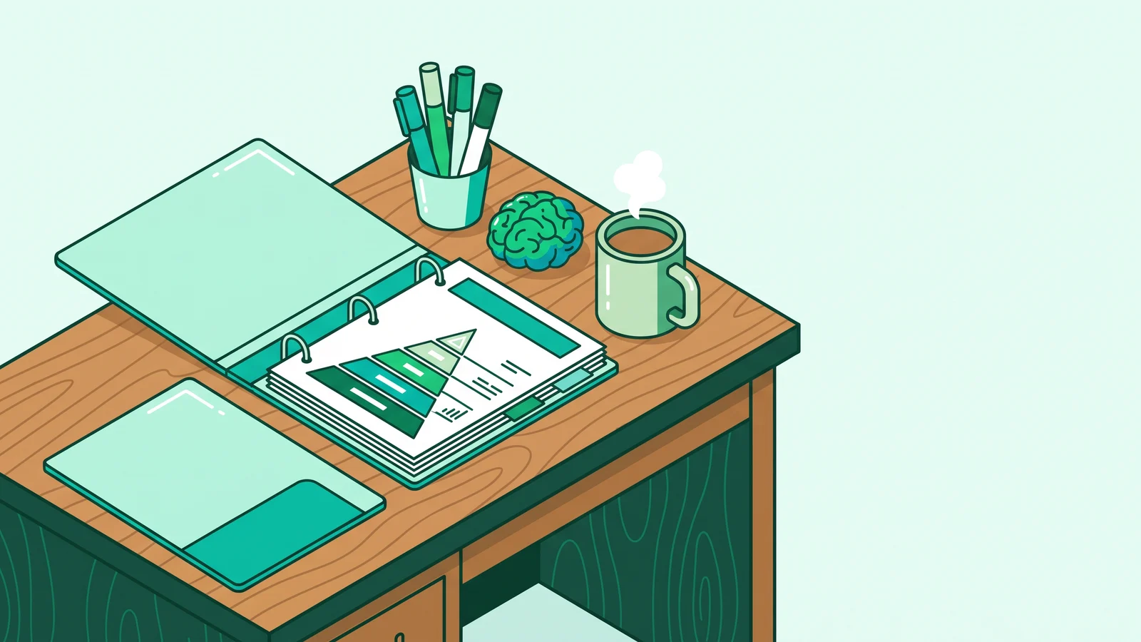 Pedagogical hierarchy chart on a teacher desk showing learning approaches and methods.