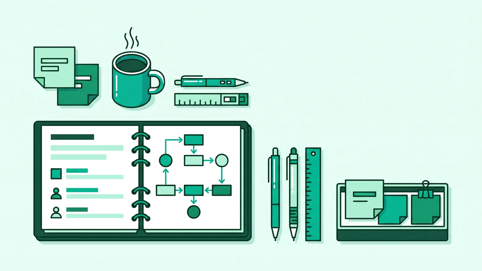 Illustration of an open lesson plan notebook with learning syntax flowchart diagrams on a desk
