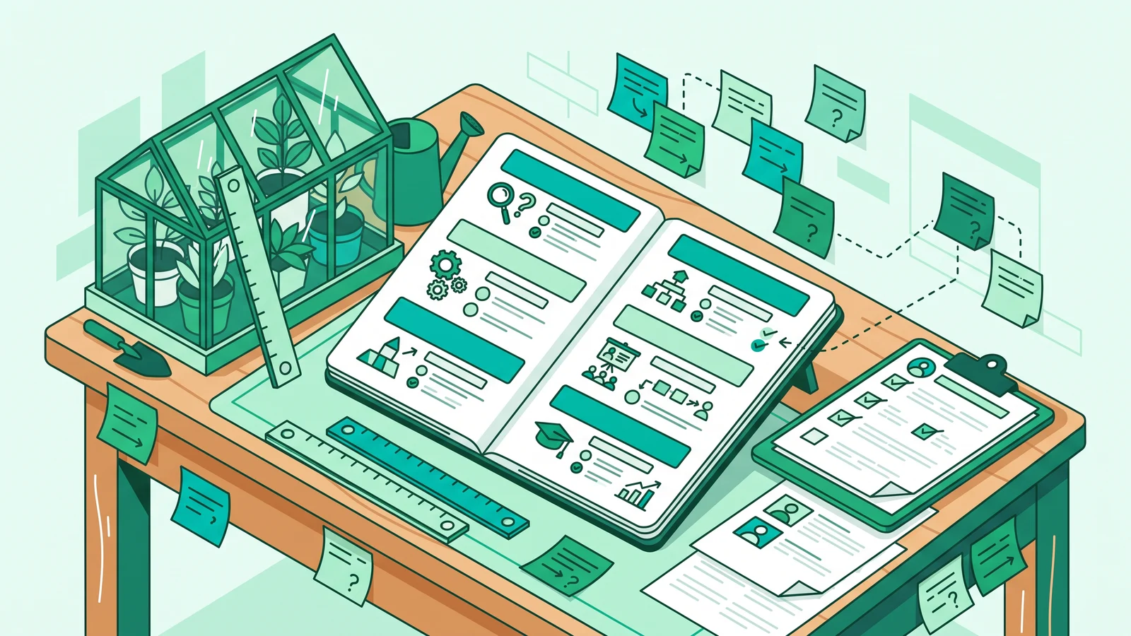 Editorial illustration of a teacher desk with a lesson plan, PBL phase flowchart, and plant investigation props