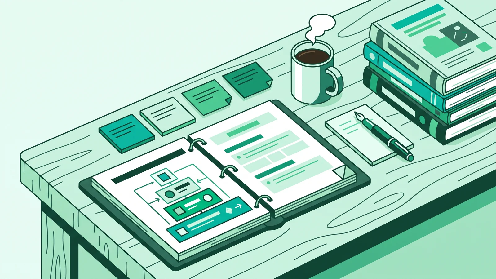Illustration of an educator desk with an open lesson plan document and teaching hierarchy chart.