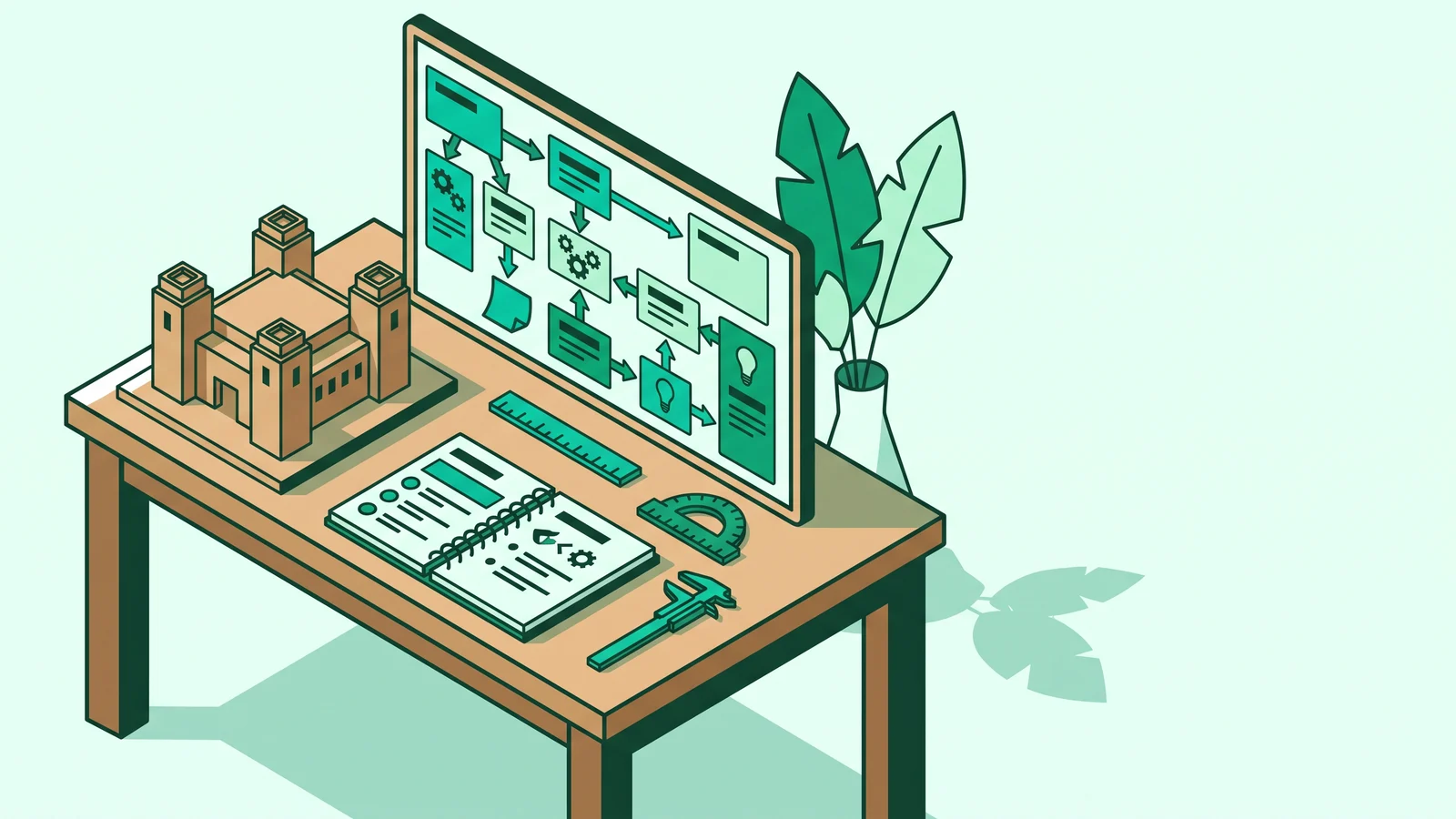 Teacher workstation illustration featuring a project schedule board, student prototype model, and lesson rubric
