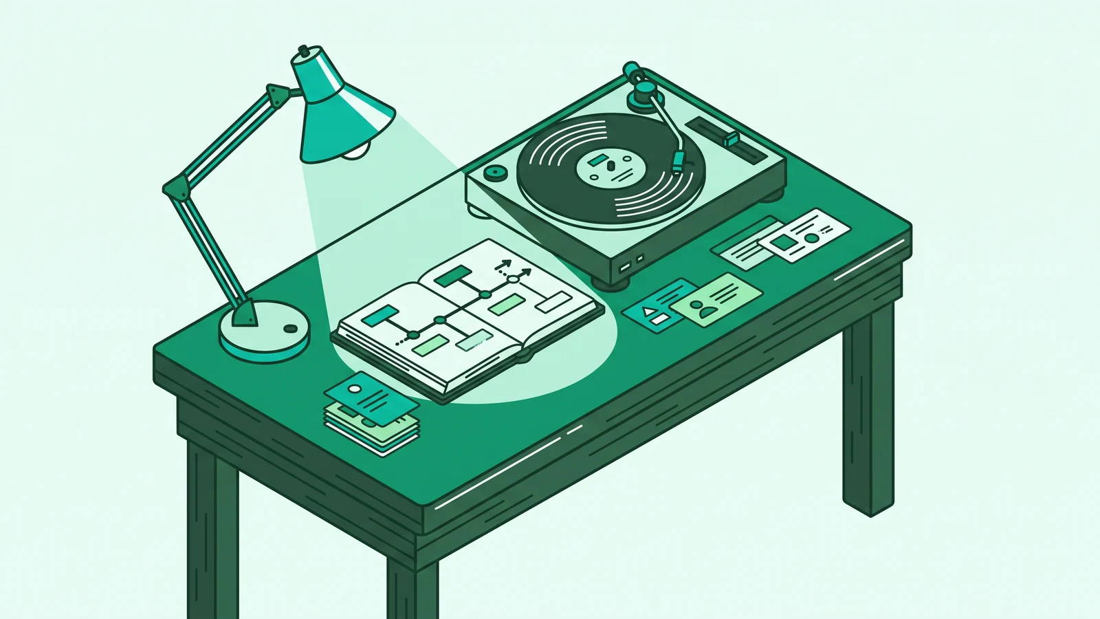 Illustration of a study desk with history of education notes, a vinyl record for classical music, and flowcharts.