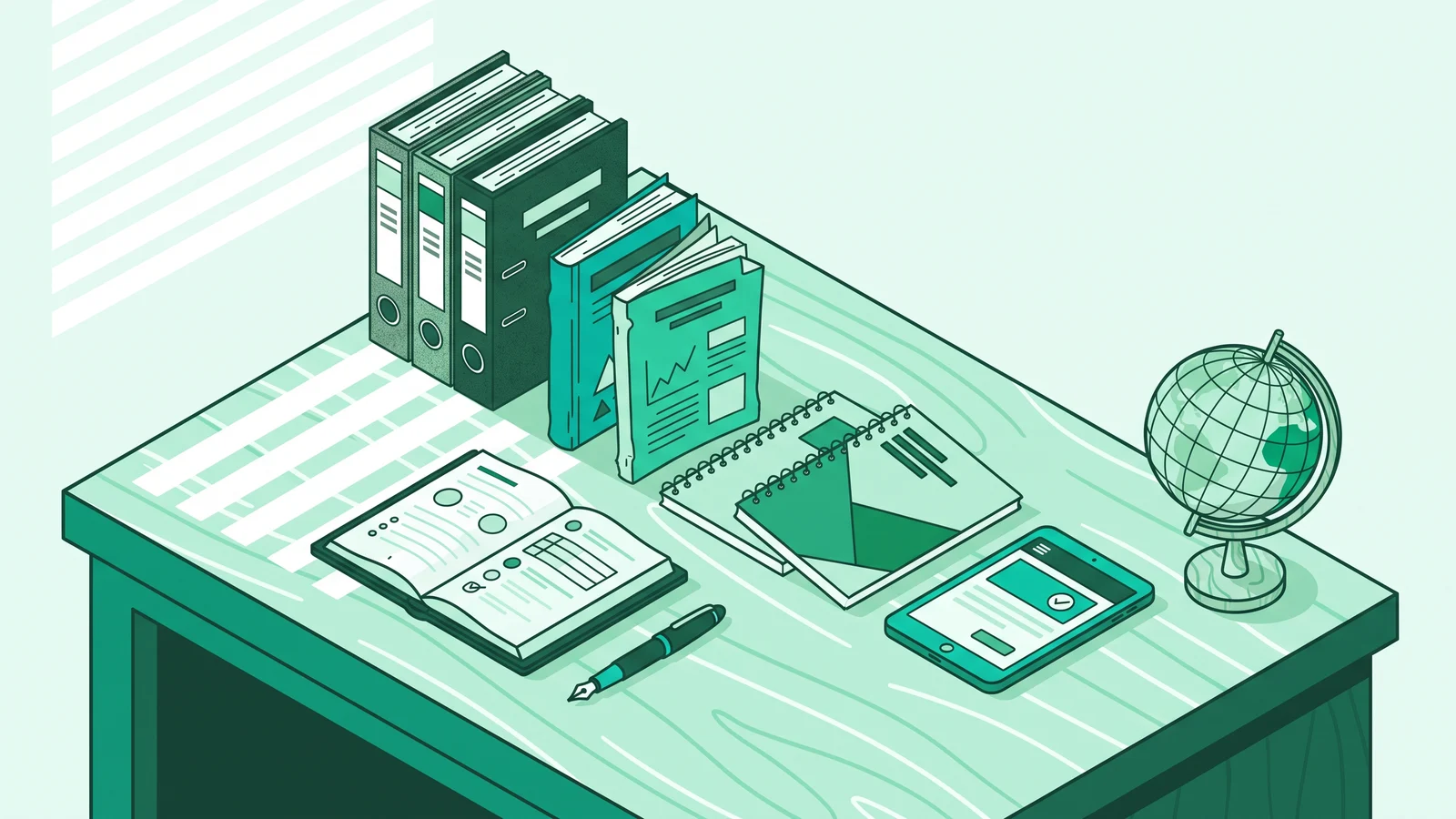 Illustration of a stack of Indonesian curriculum guidebooks on a wooden desk alongside an educational timeline.