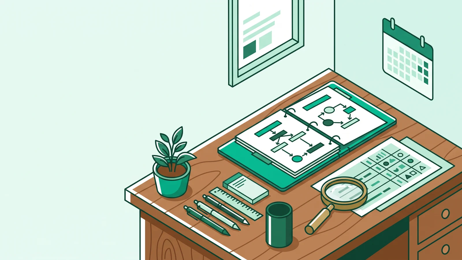 Editorial illustration of a teacher desk with inquiry lesson plans open notebooks and a magnifying glass