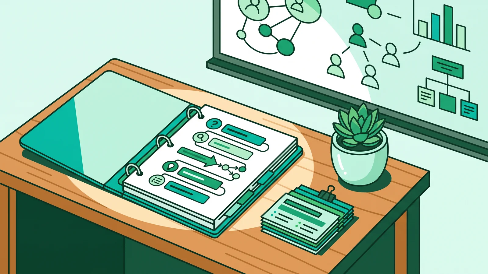 Illustration of a teacher desk with a problem based learning lesson plan, workflow diagram, and reference books.