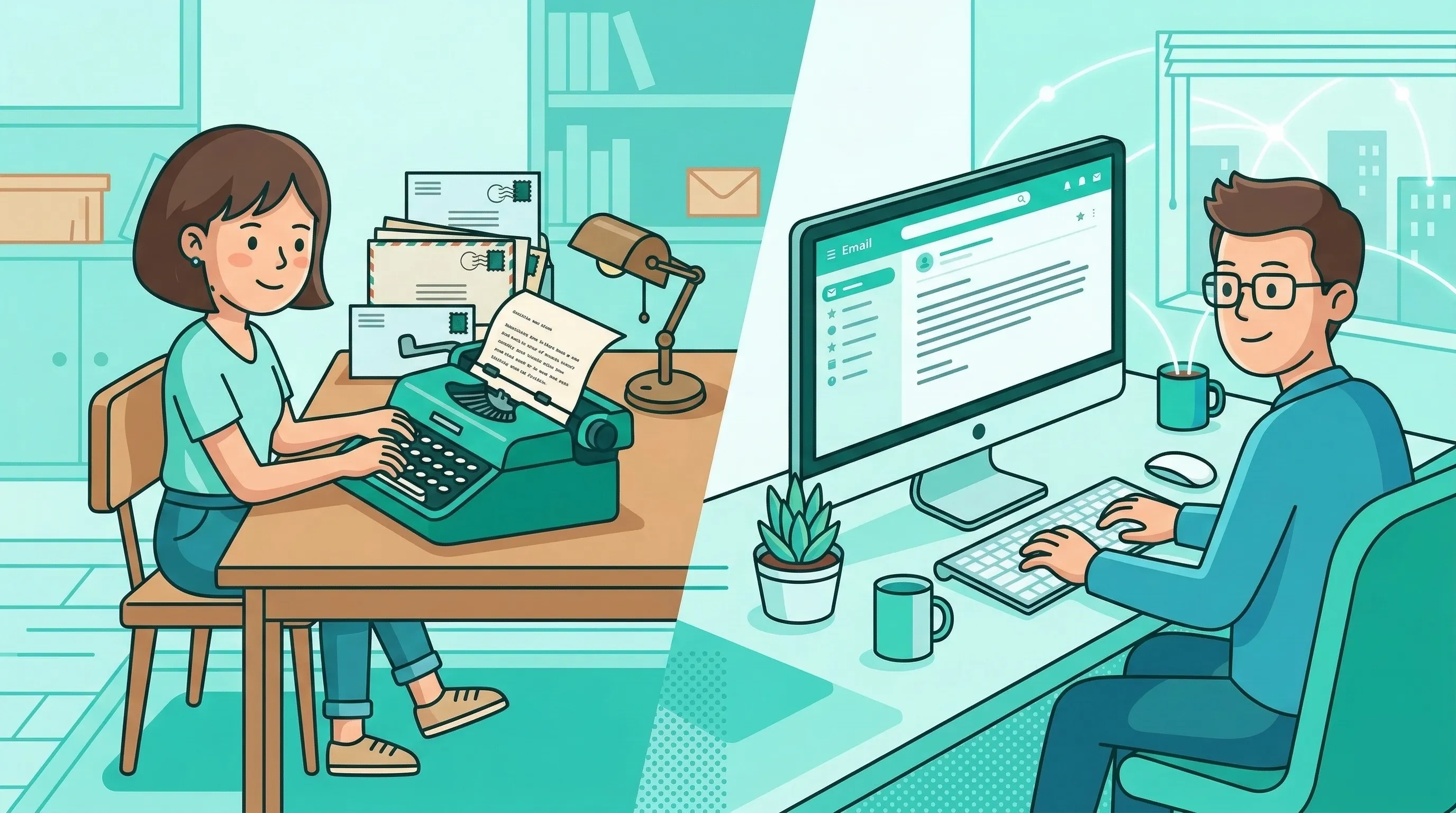 Ilustrasi sejarah font TTF dan OTF yang mengubah mesin tik menjadi tipografi digital tajam di komputer.