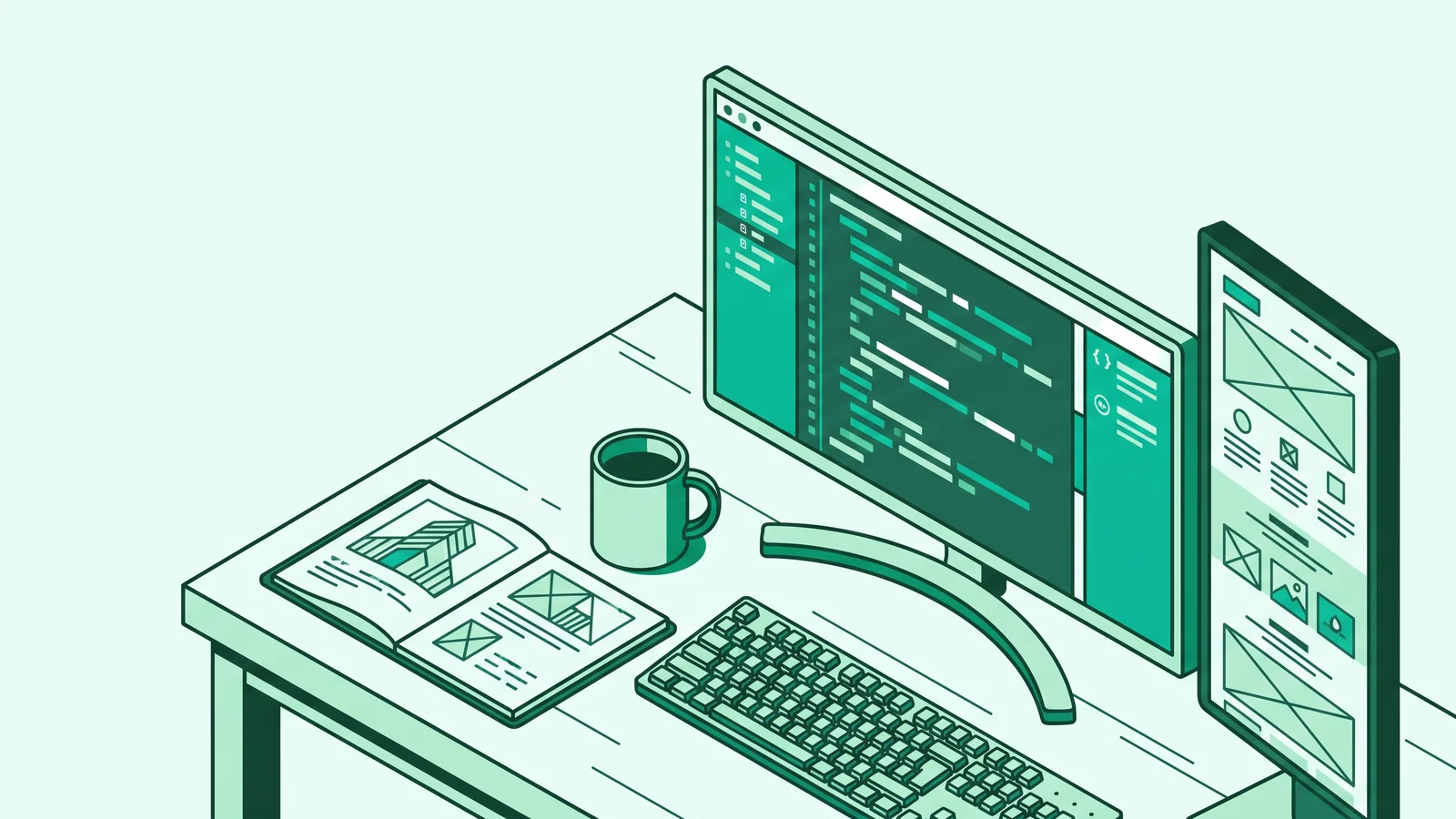 Illustration of a web developer workspace featuring code on a dual monitor setup and architectural flowchart.