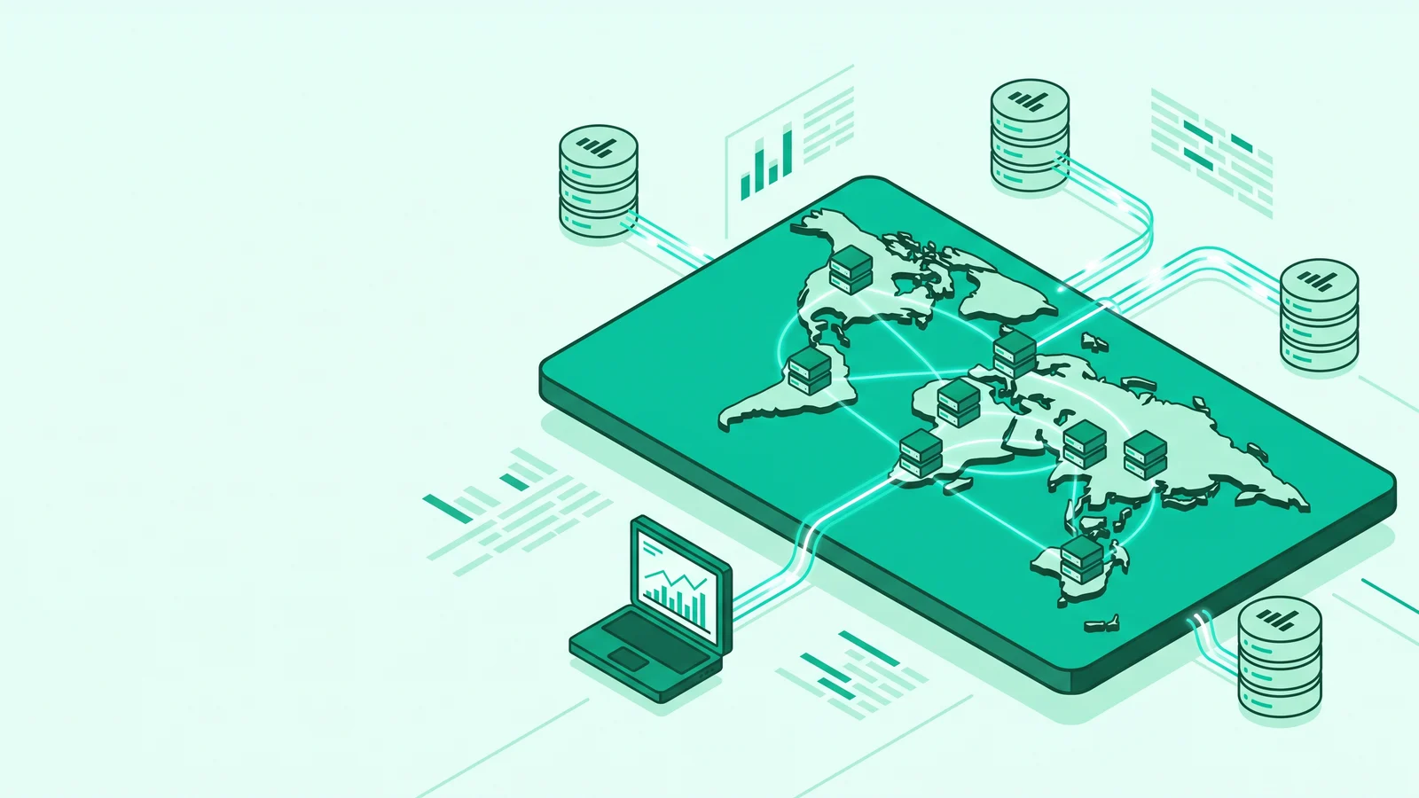 Illustration of global edge server nodes connected with distributed SQLite database files across a network