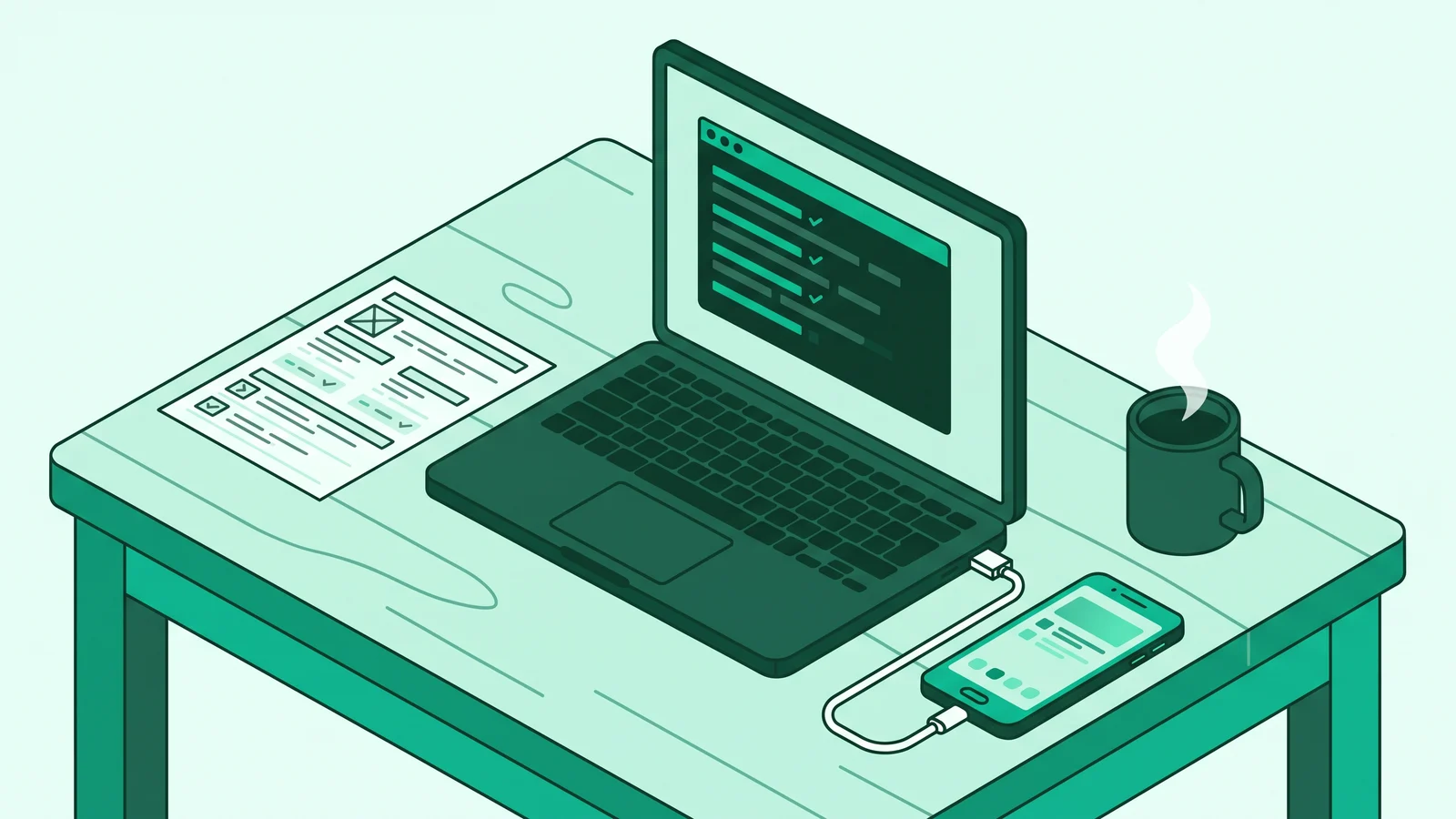 Illustration of a laptop displaying a Flutter CLI terminal connected to an Android phone via USB