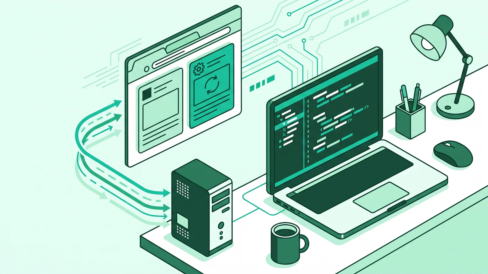 Illustration of a laptop displaying Nuxt JS code and SSR rendering architecture alongside a web server.