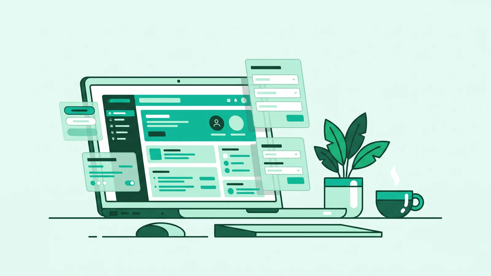 Illustration of a laptop displaying a Nuxt UI dashboard surrounded by modular components