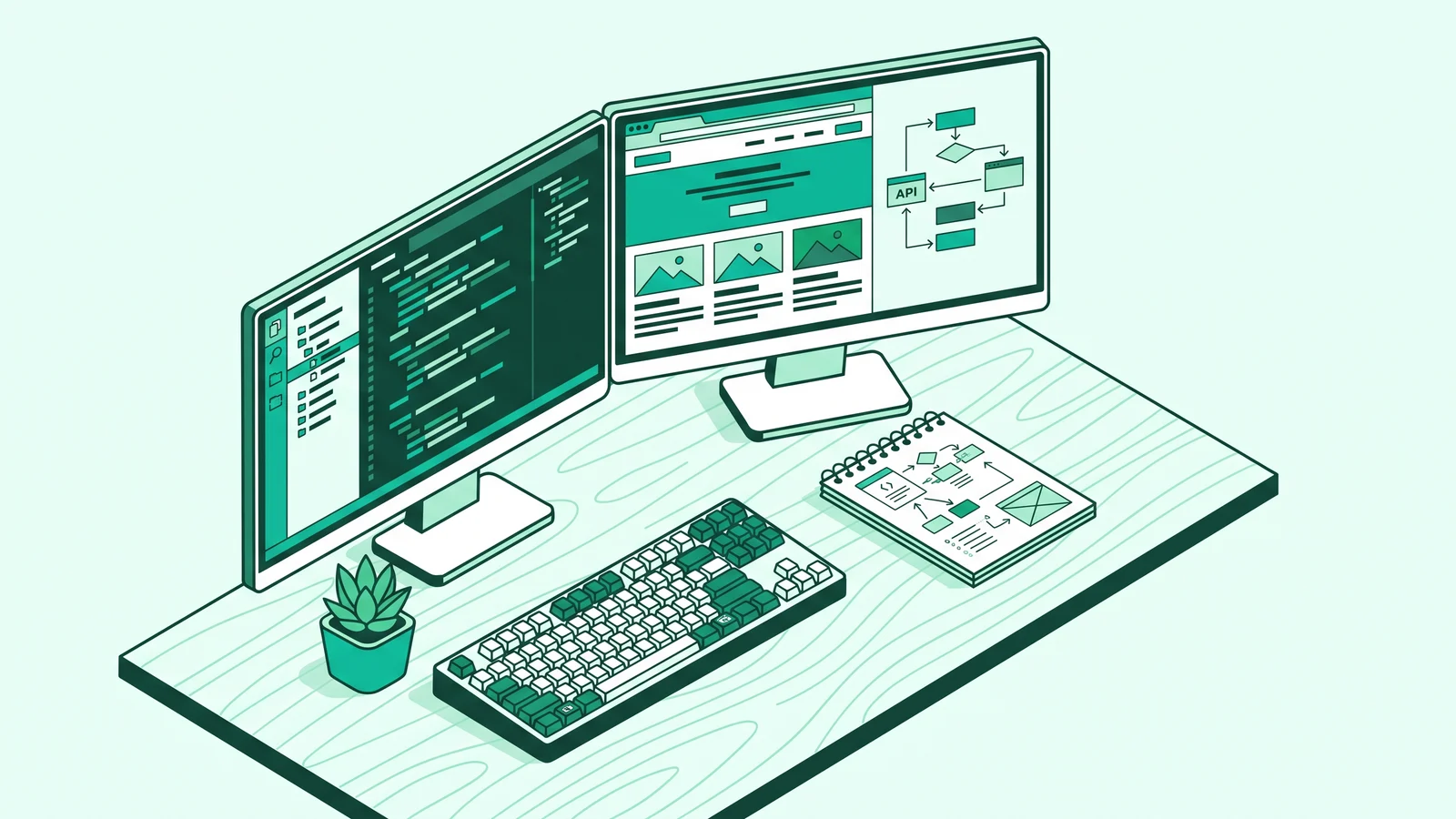 Illustration of a developer workspace with a monitor displaying code and database schema
